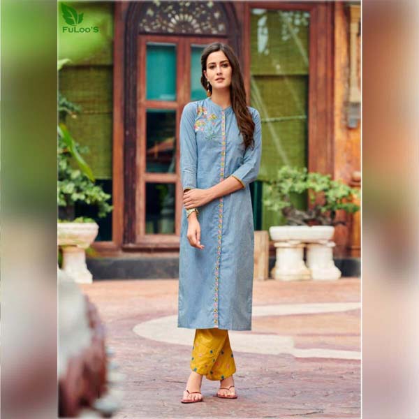 FuLoo's Galaxy Pure Cotton Embroidered Kurti With Embroidered Bottom For Women. #02