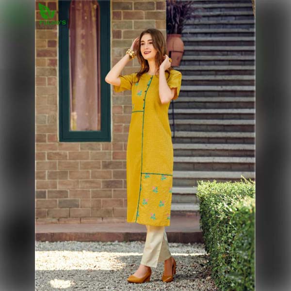 FuLoo's Olive Pure Cotton Pattern Designer Embroidered Kurti for Women (ONLY KURTI) #04