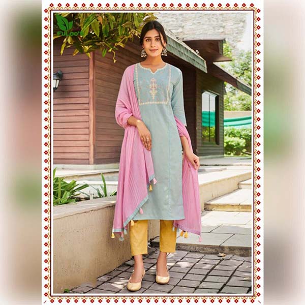 FuLoo’S Simi Cotton Embroidered Kurtis with Pants and Chunni #06