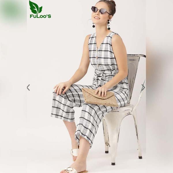 FuLoo's White & Black Check Jumpsuit for Women